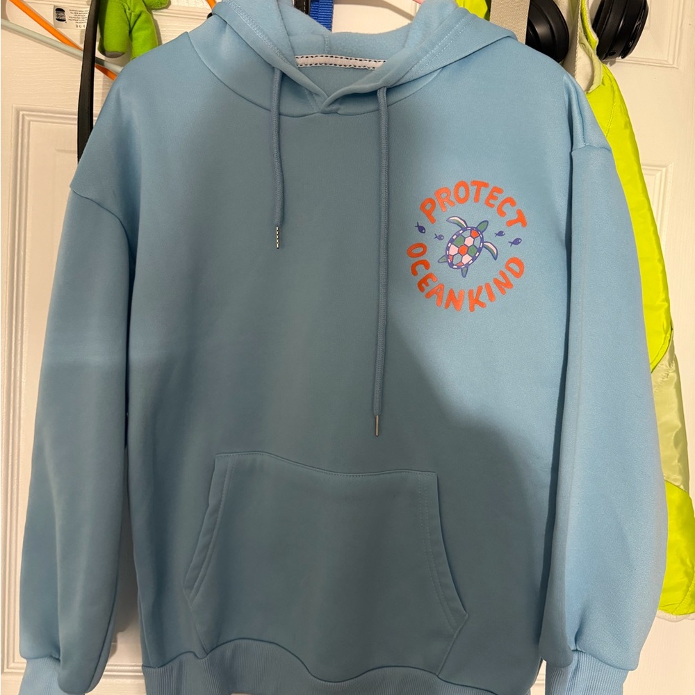 Light Blue "Protect Oceankind" Turtle Graphic Hoodie